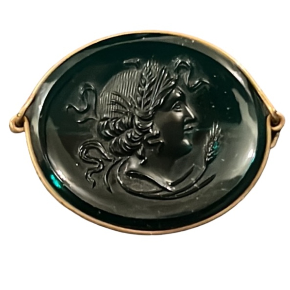 Antique Victorian Green Indigo Glass Oval Lady Cameo Gold Filled Brooch